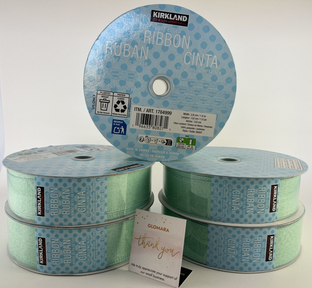Lot of 5 Kirkland Wire-Edged Seamless Ribbon 1.5" x 50 Yards Minty Green 1784999